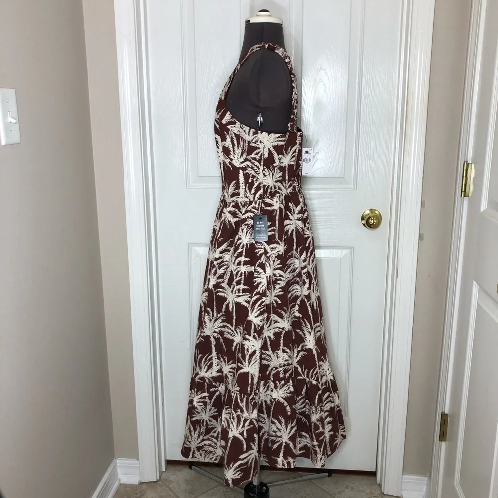 Express Cotton Blend Brown White Tropical Halter Neck Summer Brunch Midi Dress M - Picture 5 of 15